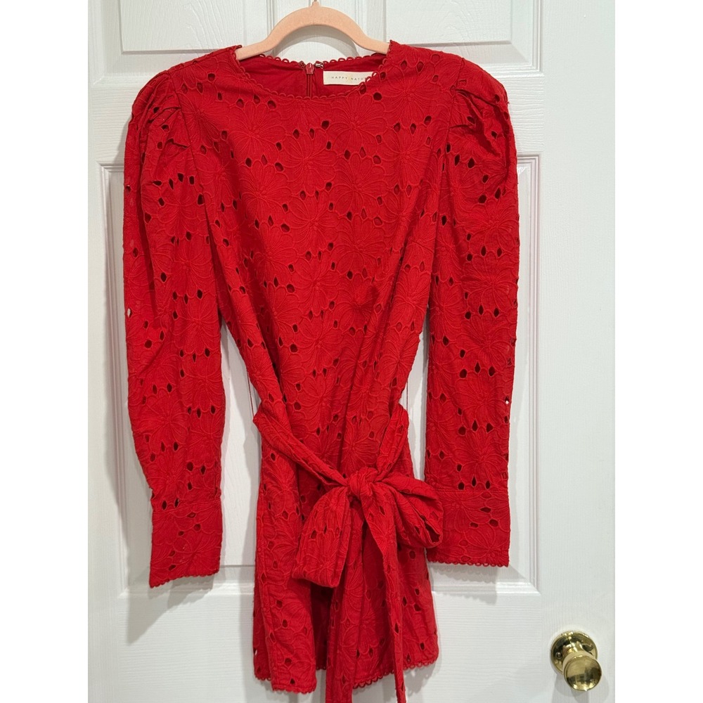 Happy Nature Red Eyelet Cotton Mini Dress Puff Sleeve Tie Waist Size 12 Floral